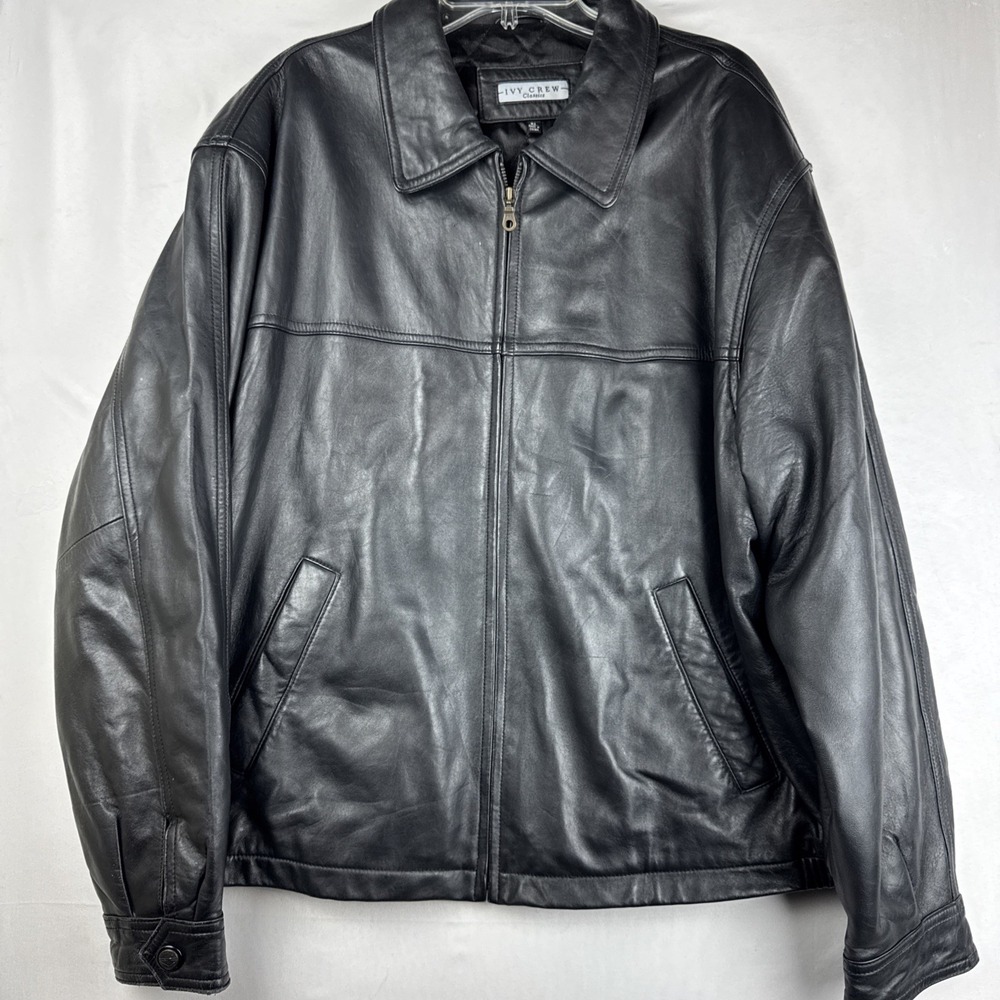 Ivy Crew Classic Men's Leather Jacket‎ XL Black Zip Pockets Classic Preppy